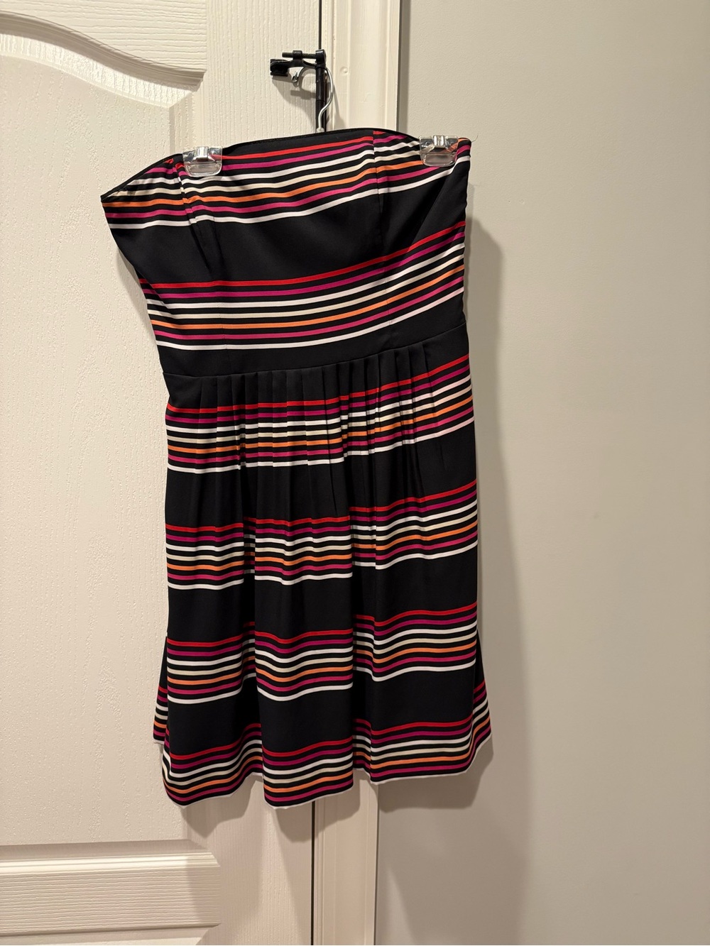 White House Black Market Strapless Black Dress with Pink and Cream Stripes
